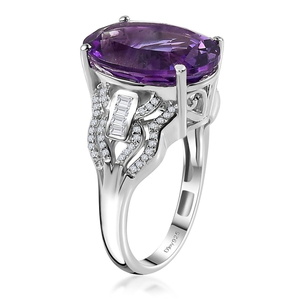 Natural Morrocan Amethyst & White Zircon Ring Sterling Silver Rhodium Sz 7 - Picture 9 of 10